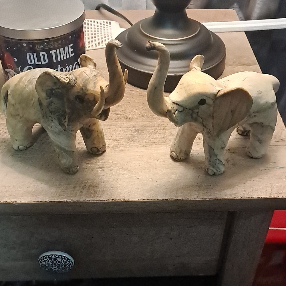 vintage pair of Carved Elephant Figurines made from crushed oyster shells.